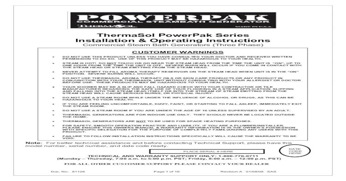 ThermaSol PowerPak Series Installation & Operating PowerPak Series