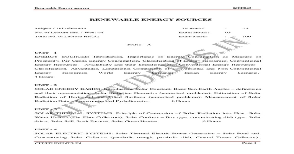 Eee Viii Renewable Energy Sources [06ee843] Notes [PDF