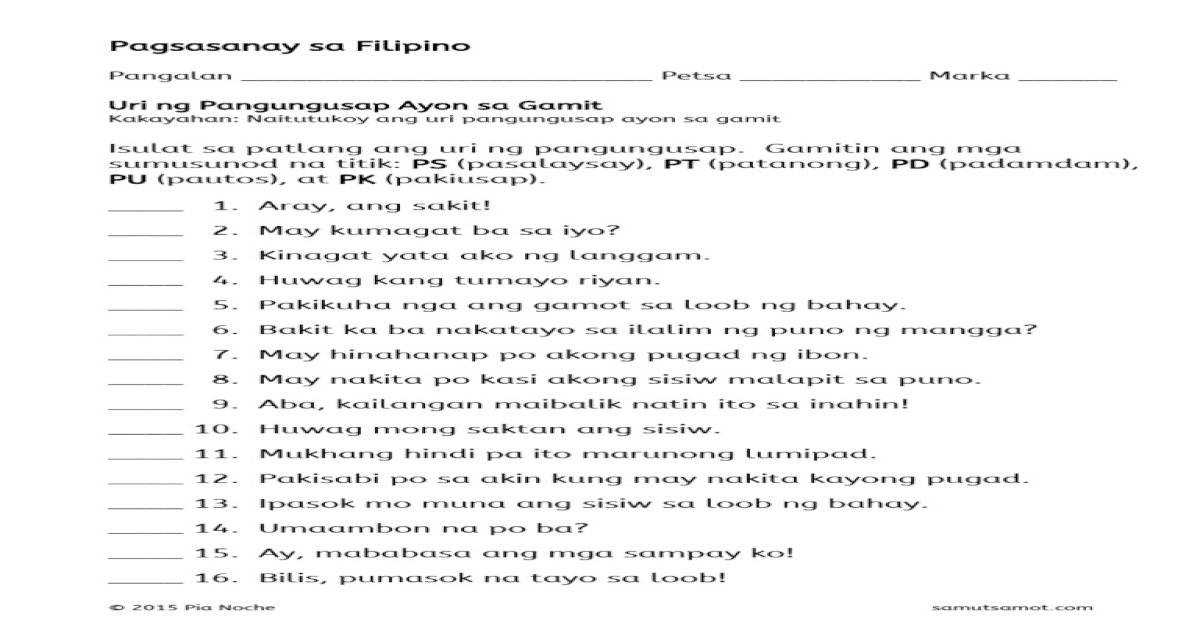 Uri Ng Pangungusap Ayon Sa Gamit 6 - [PDF Document]