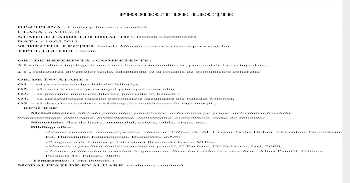 Proiect De Lectie Miorita Caracterizarea Personajelor Pdf Document