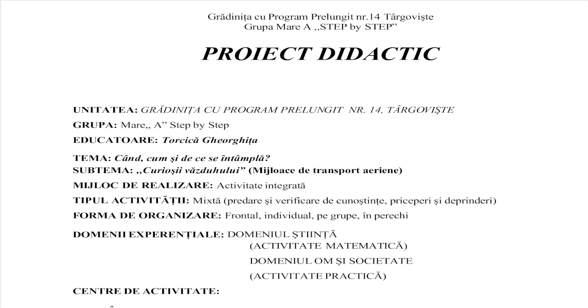 Proiect Didactic Mijloace De Transport Aeriene Ds2 Dos2 Pdf