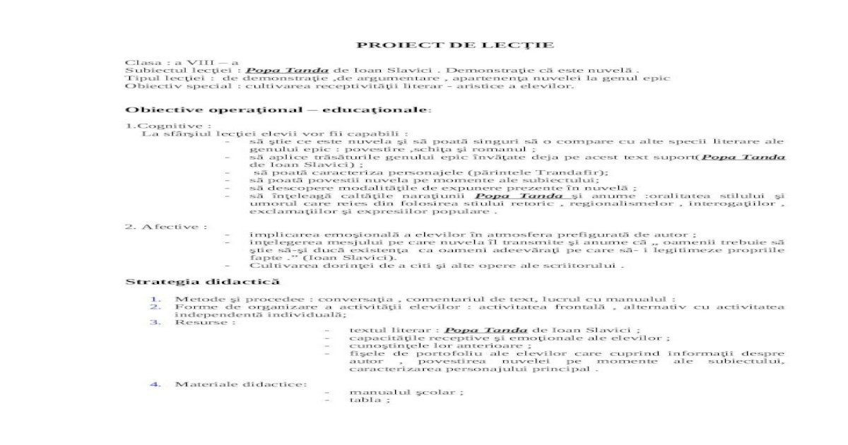 Proiect Lectie Clasa 8 Doc Document
